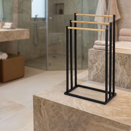 Towel Rack, 3-Bar Freestanding Metal and Bamboo