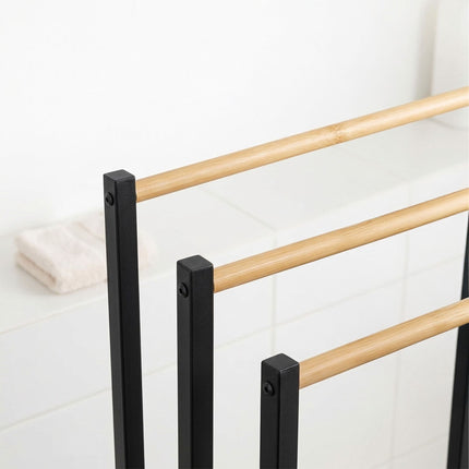 Towel Rack, 3-Bar Freestanding Metal and Bamboo
