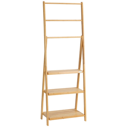 Foldable bamboo towel rack with 3 bars and shelves