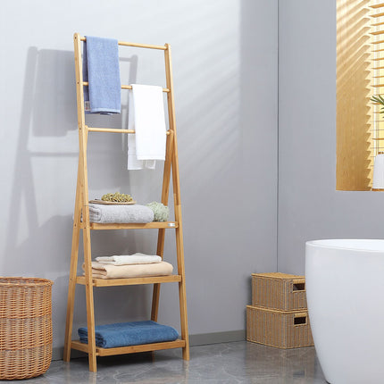 Foldable bamboo towel rack with 3 bars and shelves