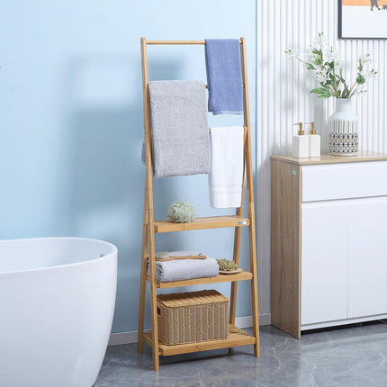 Foldable bamboo towel rack with 3 bars and shelves