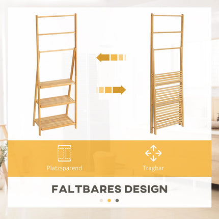 Foldable bamboo towel rack with 3 bars and shelves