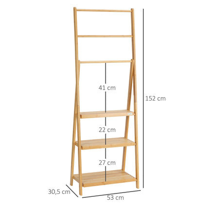 Foldable bamboo towel rack with 3 bars and shelves