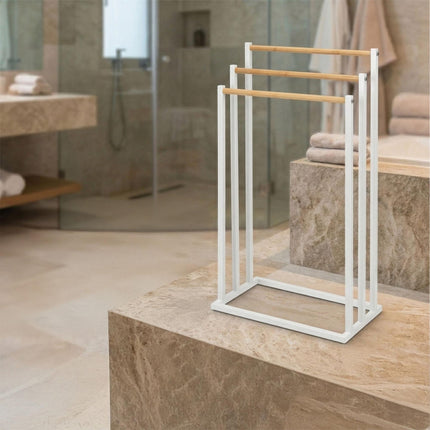 Towel Rack, Freestanding 3-Bar Metal and Bamboo