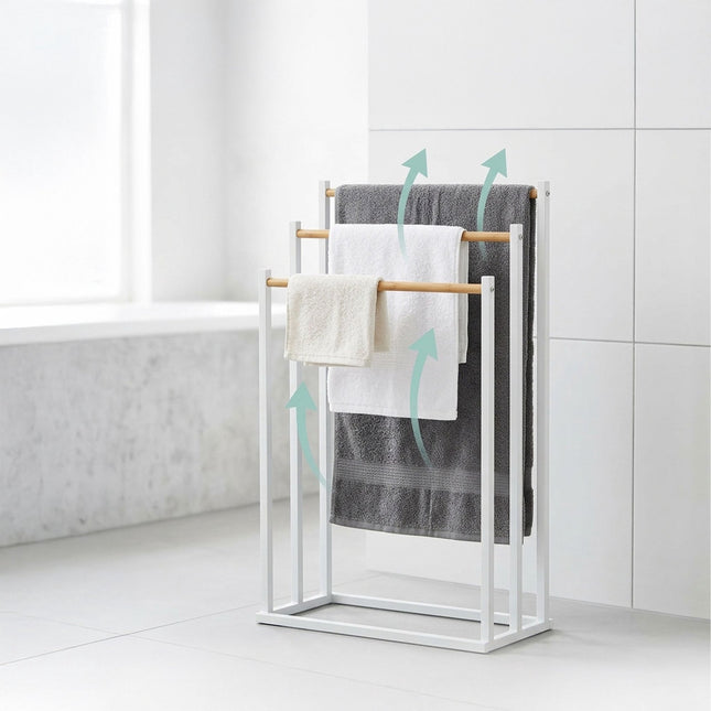 Towel Rack, Freestanding 3-Bar Metal and Bamboo