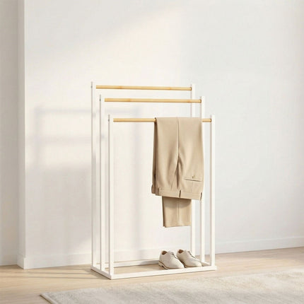 Towel Rack, Freestanding 3-Bar Metal and Bamboo