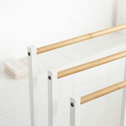 Towel Rack, Freestanding 3-Bar Metal and Bamboo