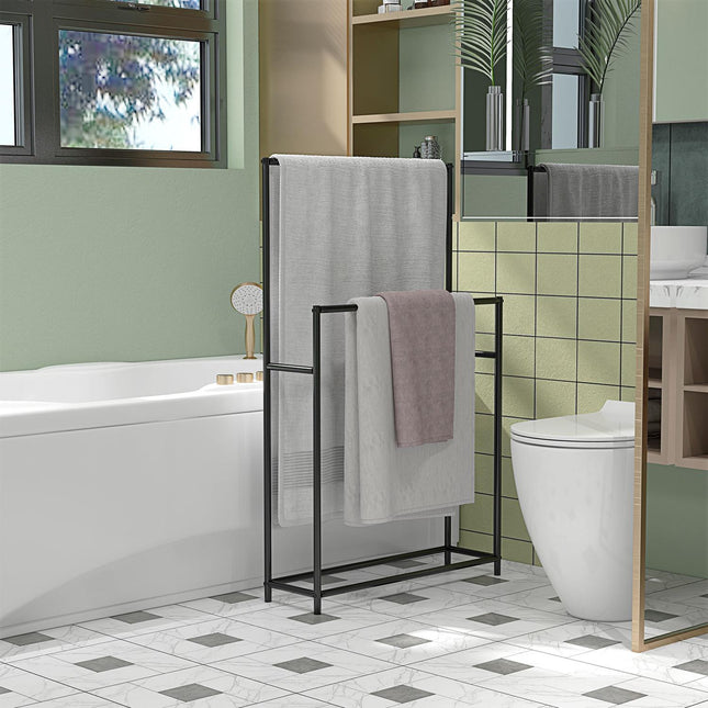 Freestanding towel rack in black metal, 2 rails, bathroom