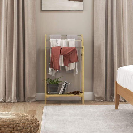 Freestanding bamboo towel rack with 3 rails, 4 hooks