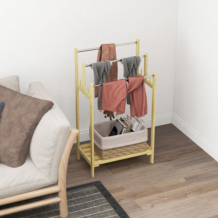 Freestanding bamboo towel rack with 3 rails, 4 hooks