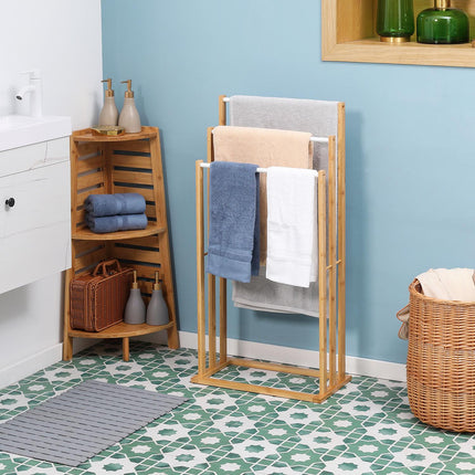Freestanding bamboo towel rack with 3 bars - natural finish