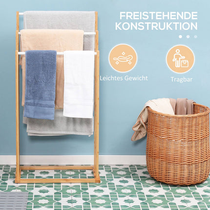 Freestanding bamboo towel rack with 3 bars - natural finish