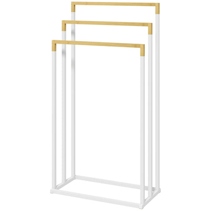 Freestanding towel rack in steel in bamboo - 3 rails, white