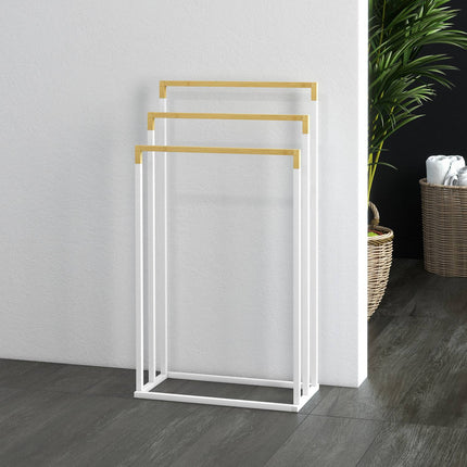 Freestanding towel rack in steel in bamboo - 3 rails, white