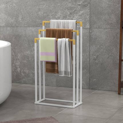 Freestanding towel rack in steel in bamboo - 3 rails, white