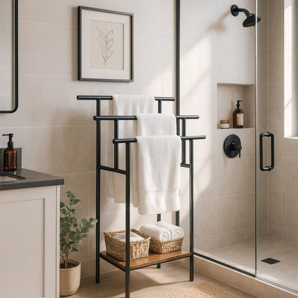 Towel Rack with Shelf – Free-Standing, Metal & Wood