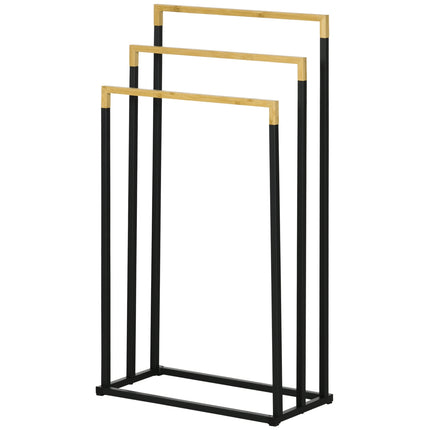 Black 3-bar towel rack - steel and bamboo holder