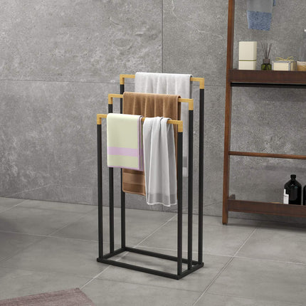 Black 3-bar towel rack - steel and bamboo holder