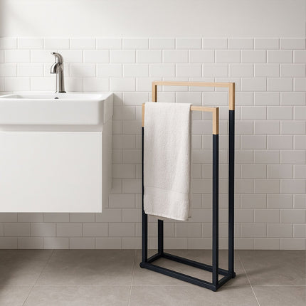 Towel Stand with 2 Bars – Metal & Bamboo