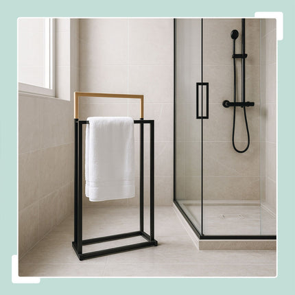 Towel Stand with 2 Bars – Metal & Bamboo