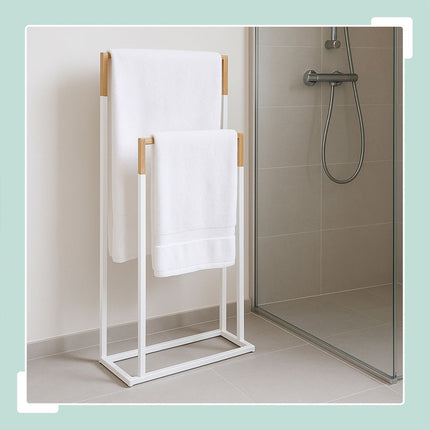 Towel Stand with 2 Bars – Metal & Bamboo