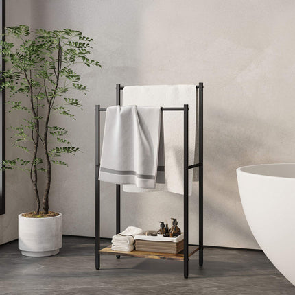 Towel Stand with Shelf – Metal Frame, Wood-Effect Finish