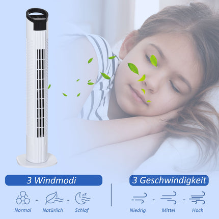 Tower fan with 70° oscillation, 78.5 cm, 50W power, 3 speeds, white