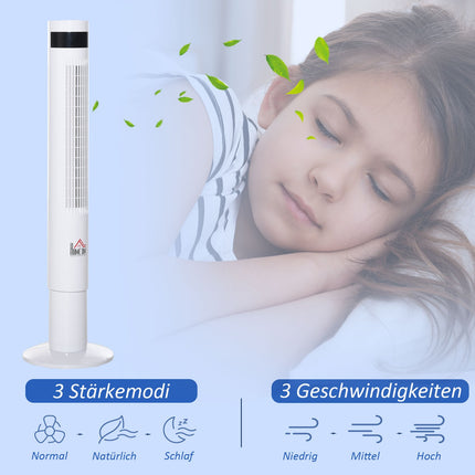 Tower fan with remote control, 85° oscillation, 3 speeds, white
