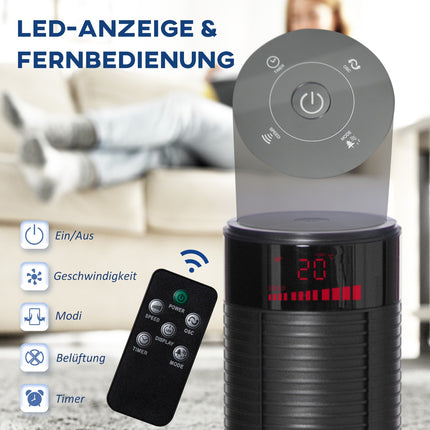 Tower fan with remote control, 70° oscillation, timer, black