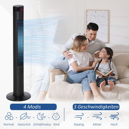 Tower fan with remote control, 70° oscillation, timer, black