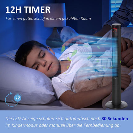 Tower fan with remote control, 70° oscillation, timer, black