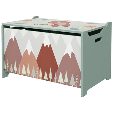 Toy box with lid - cute animal design, green, secure hinges