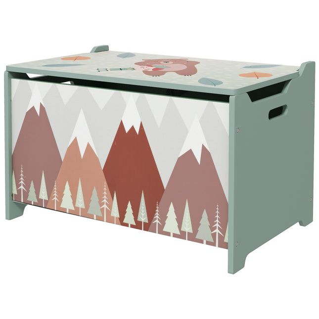 Toy box with lid - cute animal design, green, secure hinges