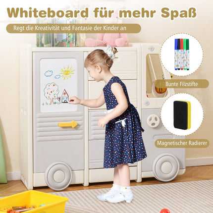 Toy Storage Shelf with Whiteboard, Bus Design, 4 Drawers