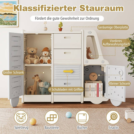Toy Storage Shelf with Whiteboard, Bus Design, 4 Drawers