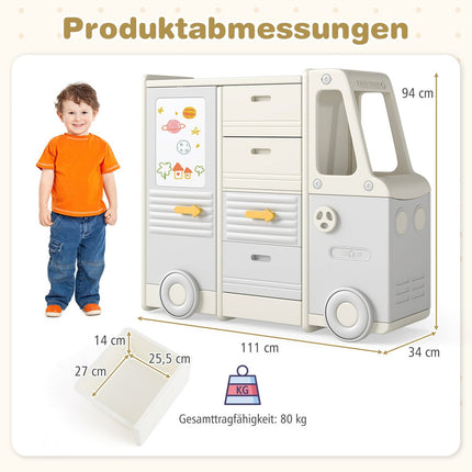 Toy Storage Shelf with Whiteboard, Bus Design, 4 Drawers