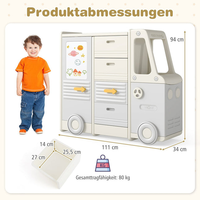 Toy Storage Shelf with Whiteboard, Bus Design, 4 Drawers
