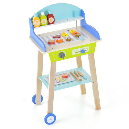 Toy grill set made of wood with push handle & wheels & accessories children's play kitchen BBQ