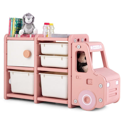 Toy shelf 2 levels children's shelf with drawers and storage boxes 110 x 32 x 66 cm pink
