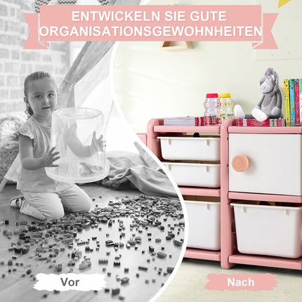 Toy shelf 2 levels children's shelf with drawers and storage boxes 110 x 32 x 66 cm pink