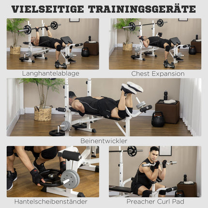 Weight bench with leg press & dumbbell, armrest, black and white