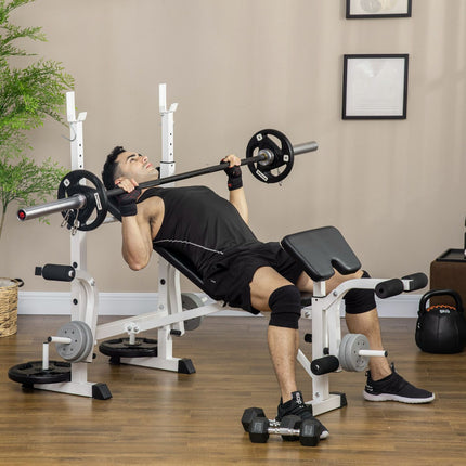 Weight bench with leg press & dumbbell, armrest, black and white