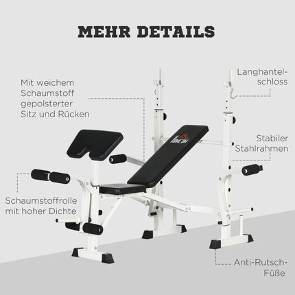 Weight bench with leg press & dumbbell, armrest, black and white