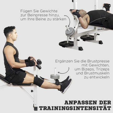 Weight bench with leg press & dumbbell, armrest, black and white