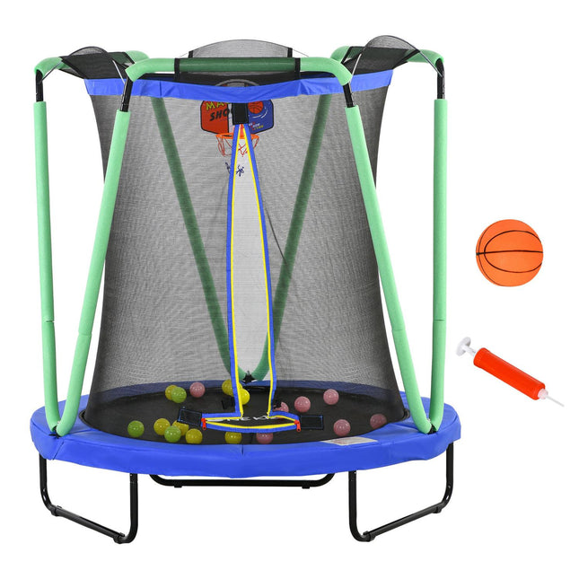 Children's trampoline with safety net & basketball hoop, 140 cm