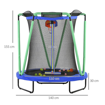 Children's trampoline with safety net & basketball hoop, 140 cm