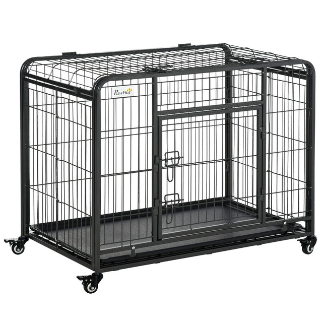 Folding metal cage for pet transport, wheels, lockable doors