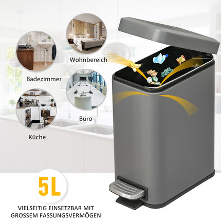 Trash Can Pedal Bin 5L With Lid and Inner Bin, Grey