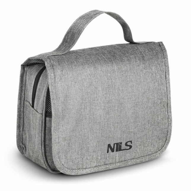 Travel Toiletry Bag, Gray Oxford, Hanging Hook, 4 Pockets