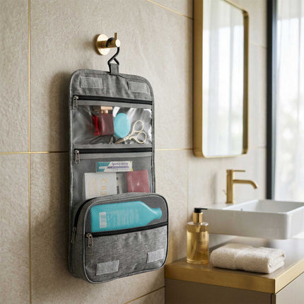 Travel Toiletry Bag, Gray Oxford, Hanging Hook, 4 Pockets